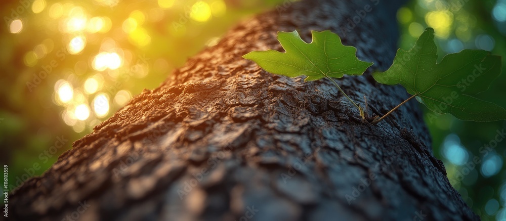 Poster Close up of textured tree bark with vibrant green leaves against a soft sunlight backdrop in a serene forest setting