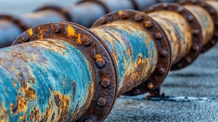 Rusty industrial steel pipe with corrosion and vibrant blue paint showcasing age and wear on a textured surface.