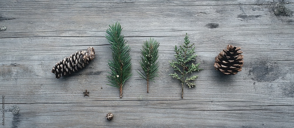 Aufkleber christmas botanical arrangement with pinecones and fir branches on rustic wooden surface for festive