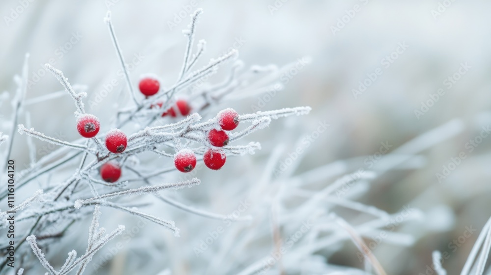 Poster frosty christmas composition featuring red berries on a snowy background with spruce branches captur