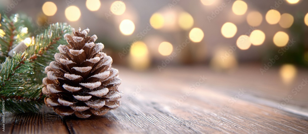 Poster festive pine cone decoration on rustic wooden surface with blurred bokeh lights creating a warm holi