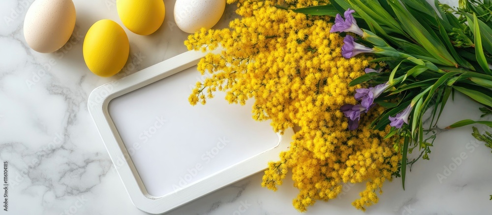 Poster spring floral arrangement with yellow mimosa and purple irises next to an empty white frame and colo