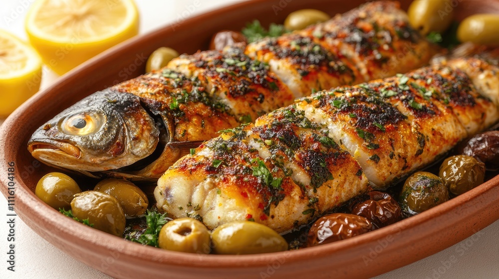 Poster Baked carp on a clay plate with lemon and olives garnished with parsley on a white background