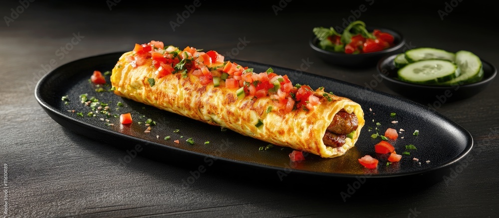 Poster Omelet roll with sausage topped with fresh tomatoes and herbs served on a dark plate with cucumber slices in the background