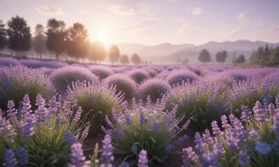 Obraz premium Soft lavender fields of flowers in a gentle haze, gentle colors, abstract background, calming landscape