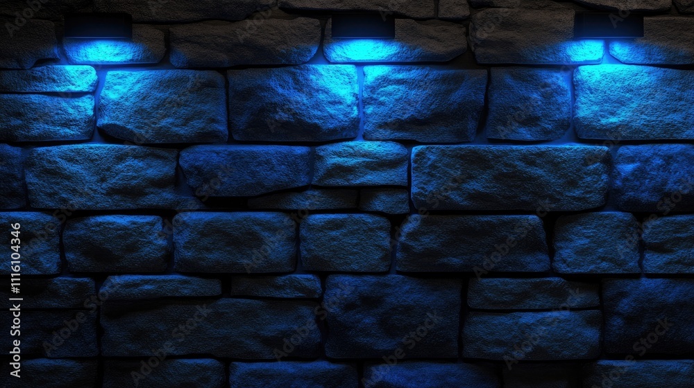 Poster Closeup of textured brick wall illuminated by soft blue lighting creating a moody atmosphere and dramatic visual effect