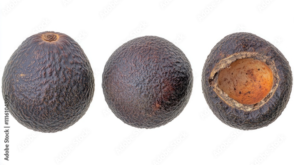 Poster Avocado fruit whole and halved displayed on a white background highlighting texture and natural color for culinary and health concepts