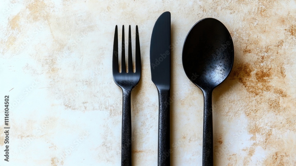 Poster black matte cutlery set including fork knife and spoon on textured background flat lay view