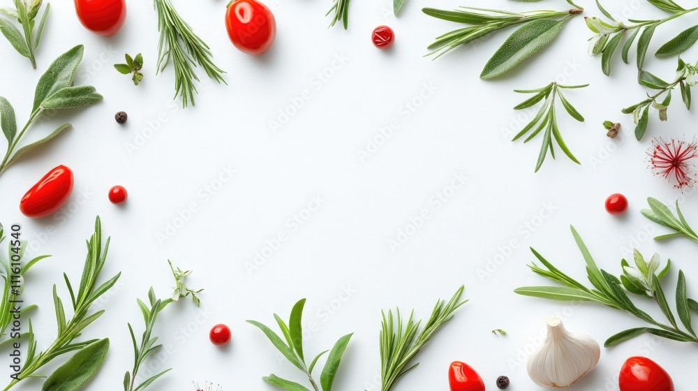 Aufkleber fresh herbs and vegetables arranged in a circular frame on a white background ideal for food present