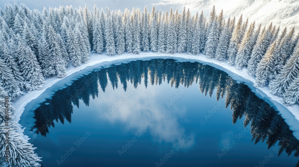Poster aerial view of a serene winter landscape featuring a snowy forest and reflective lake surrounded by 