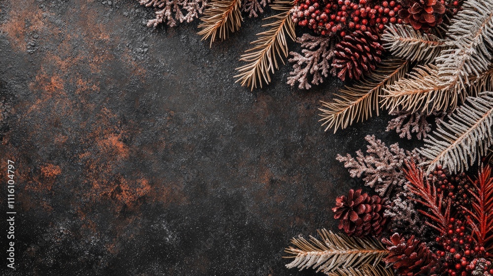 Poster autumn foliage flat lay with colorful leaves pinecones and berries on dark background creating a war