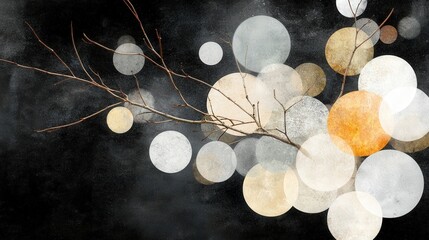Abstract Composition Featuring Delicate Branch with Circular Shapes in Soft Earthy Tones Against a Dark Background for Artistic and Creative Use