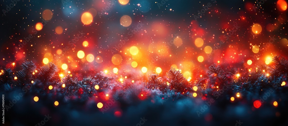Poster festive bokeh lights creating a magical christmas atmosphere with snow-covered evergreen branches an