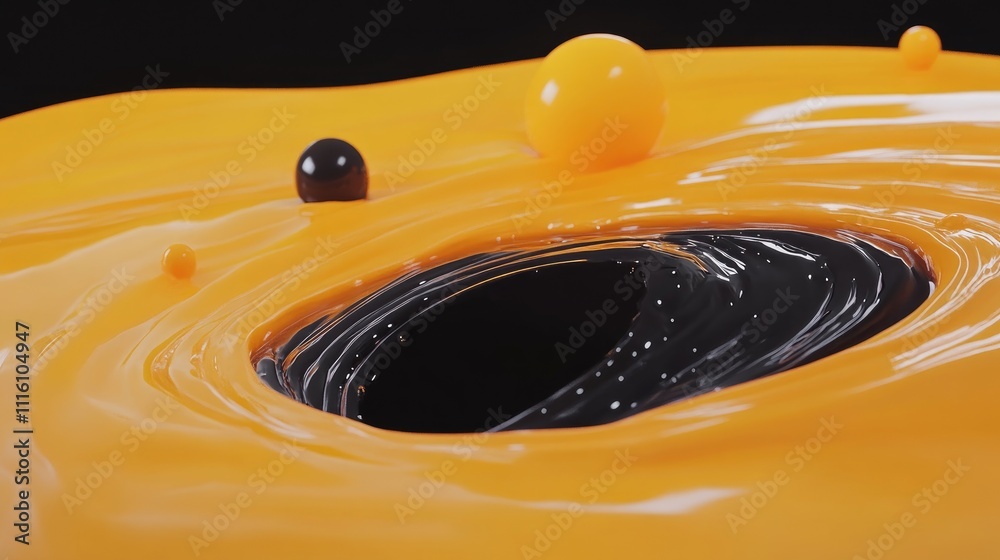 Aufkleber Abstract representation of a black hole emerging from vibrant orange liquid with colorful orbs creating a dynamic and visually striking composition.