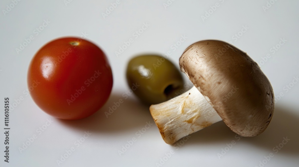 Poster fresh cherry tomato, olive, and mushroom arranged on a white background showcasing vibrant colors wi