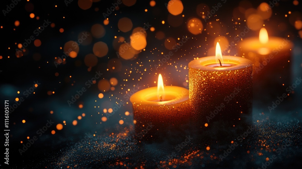 Poster Bokeh effect of glowing candles with warm yellow light creating a serene atmosphere against a dark background for peaceful moments