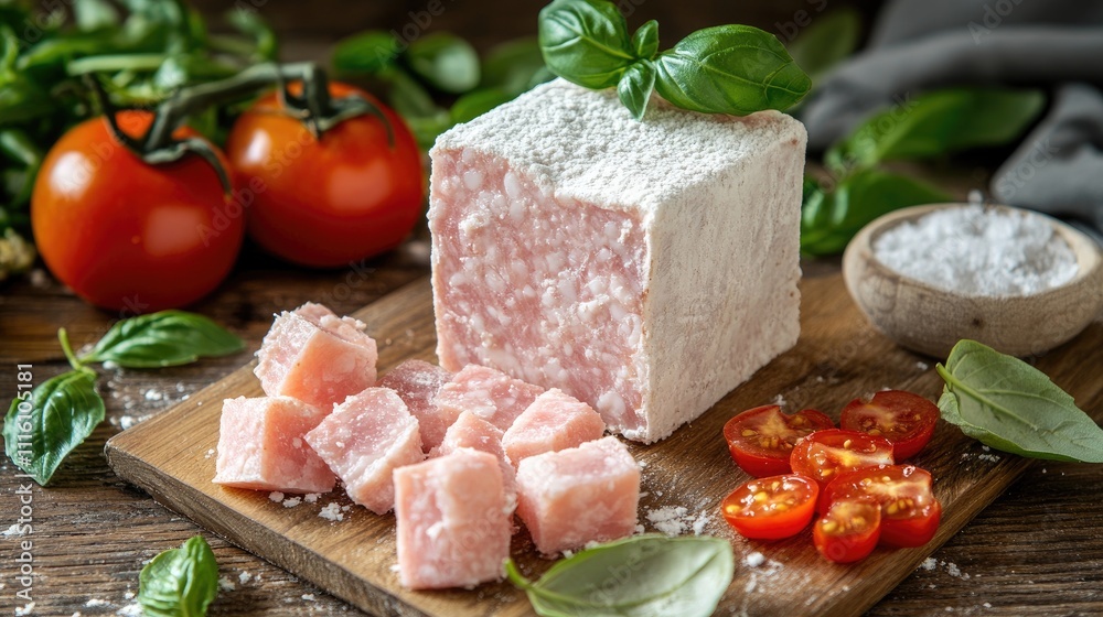 Poster classic boiled pork sausage cubes on a wooden board with cherry tomatoes and basil against a rustic 