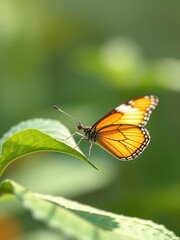 Obraz premium Tiny butterfly sips nectar from a leaf's edge , flowers, butterflies