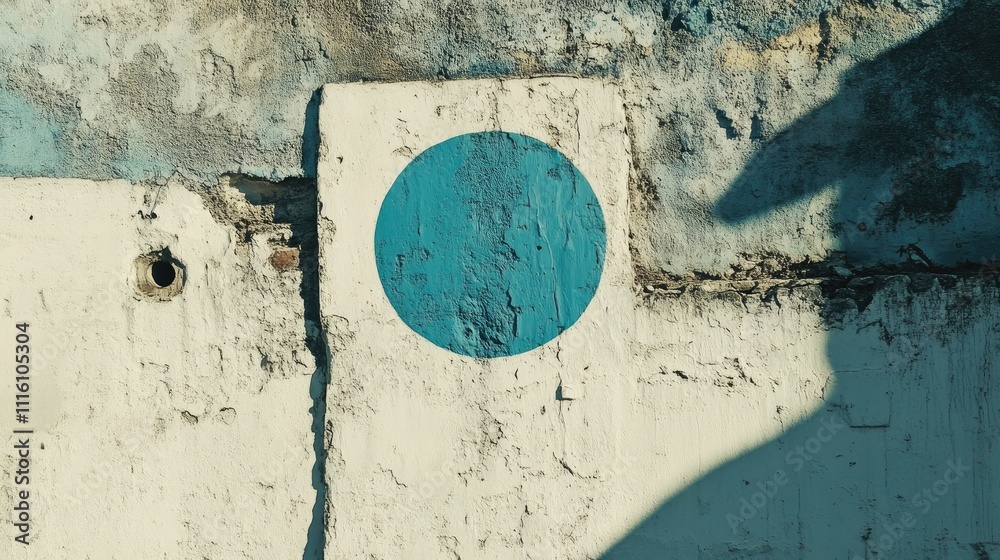 Aufkleber blue circular paint spot on an aged white wall with textured surfaces and shadows creating a rustic 