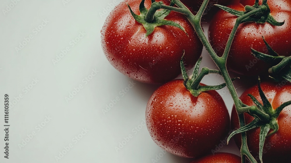 Poster fresh ripe tomatoes on the vine with droplets of water isolated on a light background showcasing nat