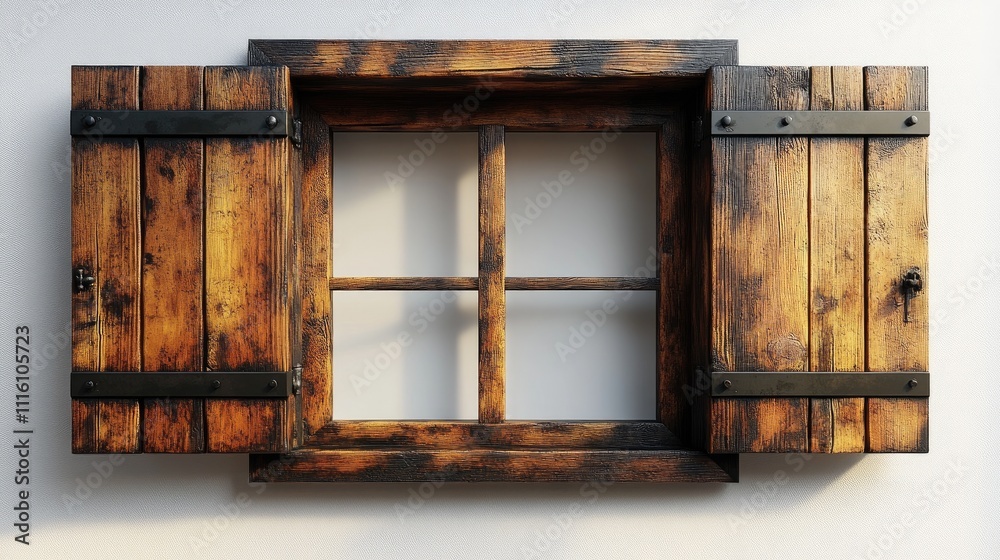 Poster rustic wooden shutters in an open position framed against a clean white wall creating a charming and