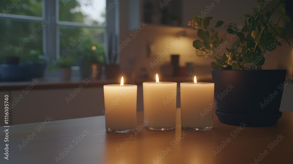 Poster scandinavian style candles glowing softly on a wooden table with blurred interior background creatin