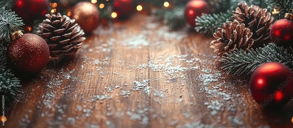 Poster christmas themed background with decorations pine cones and snow on wooden table aerial view with am
