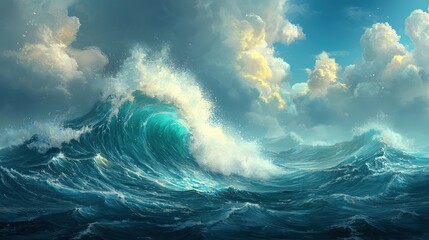 Naklejka premium Majestic Ocean Waves with Dramatic Clouds and Gentle Sunlight, Capturing the Beauty and Power of Nature's Elements in a Dynamic Seascape Setting
