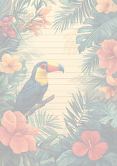 Papier à lettres pastel avec décorations thème tropical, feuilles de palmier, fleurs exotiques , toucan, avec des lignes droites et fines pour l'écriture, fond pêche clair, style vibrant et ensoleillé
