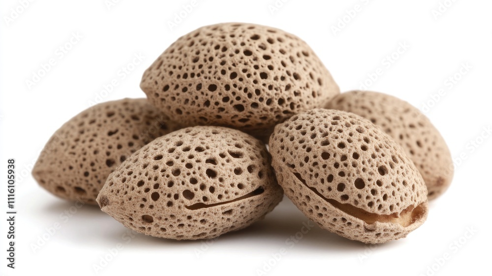Aufkleber almond nuts in shell and shelled variety displayed close up on a white background showcasing texture