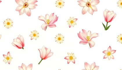 Fototapeta premium Floral Pattern with Soft Pink Magnolia and Daisy Flowers on White Background