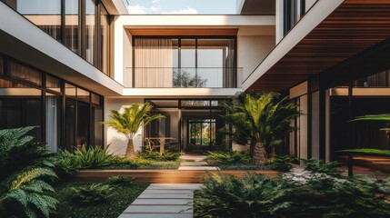 Fototapeta premium Modern Courtyard Garden Design Featuring Lush Tropical Plants