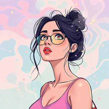 Dreamy Comic Book Style Artwork of a Woman in Glasses Looking Above