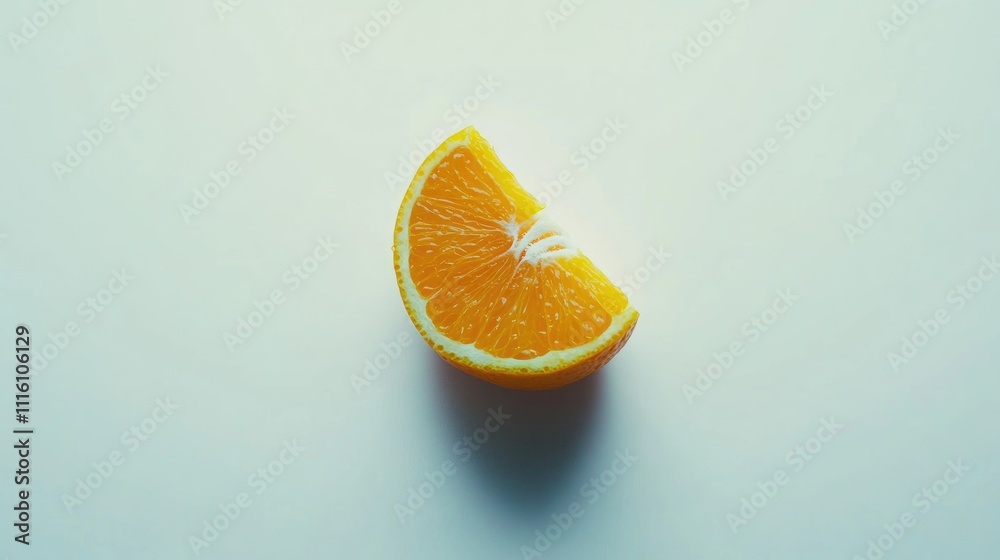 Poster closeup of a fresh orange slice isolated on a light background highlighting vibrant color and textur