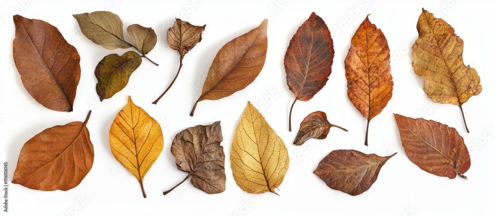 Poster autumn leaves collection diverse dried leaves displayed on white background overhead view