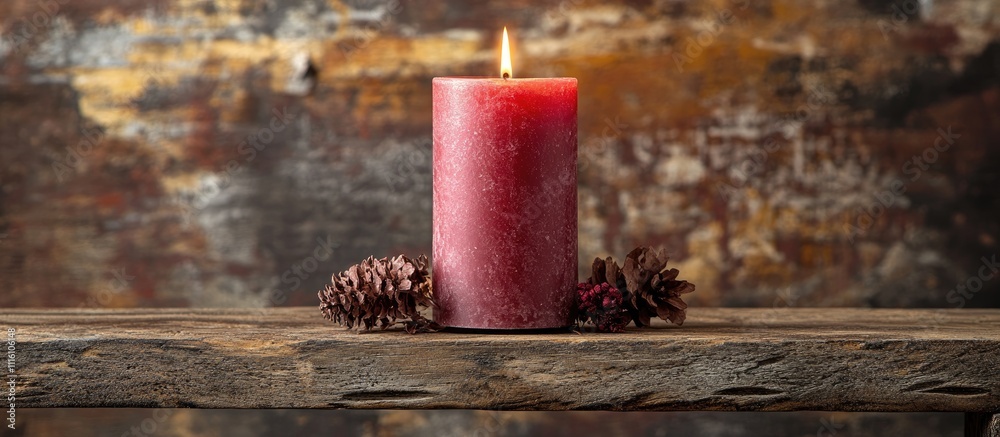 Poster red candle glowing warmly on rustic wooden table with natural decor elements creating a cozy and inv