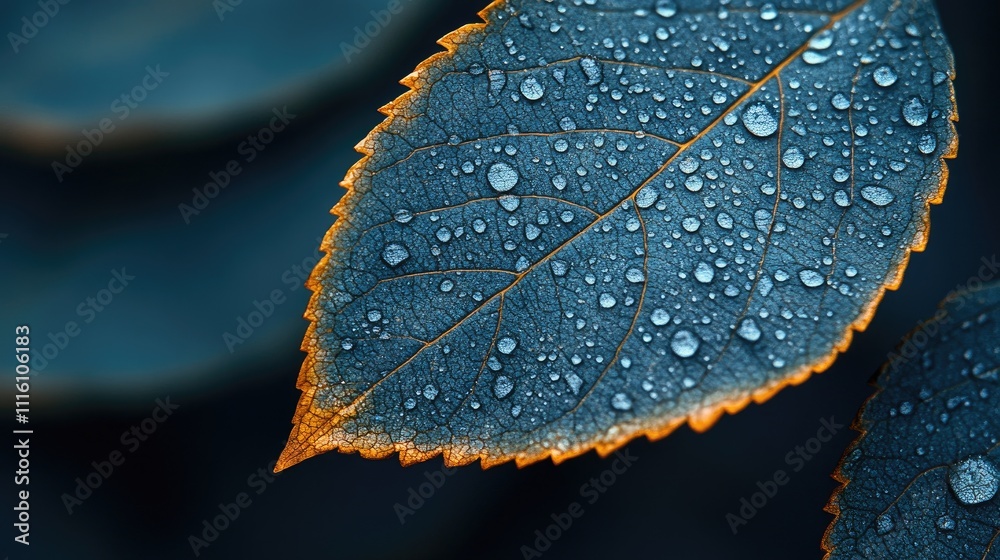 Poster close up of a wet walnut leaf showcasing droplets of water and intricate details against a blurred d