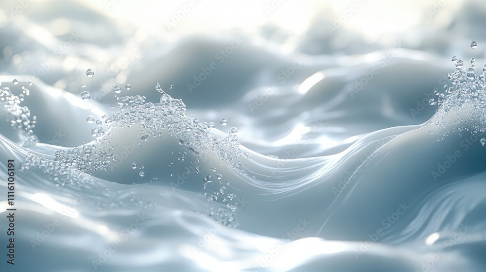 Poster close-up of shimmering water waves and bubbles against a soft white background, capturing movement a