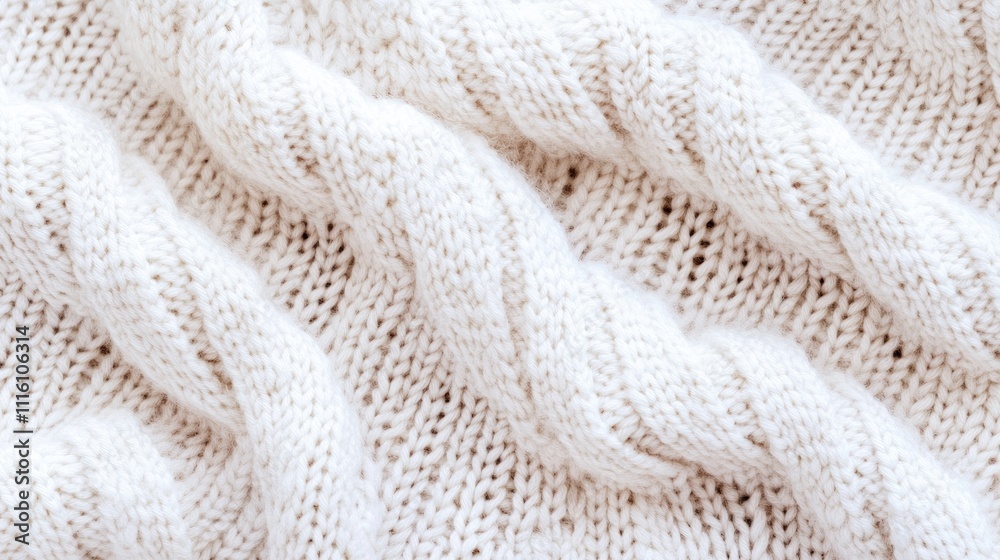 Aufkleber close up of intricate textured pattern on cozy white wool winter sweater knitted fabric from above