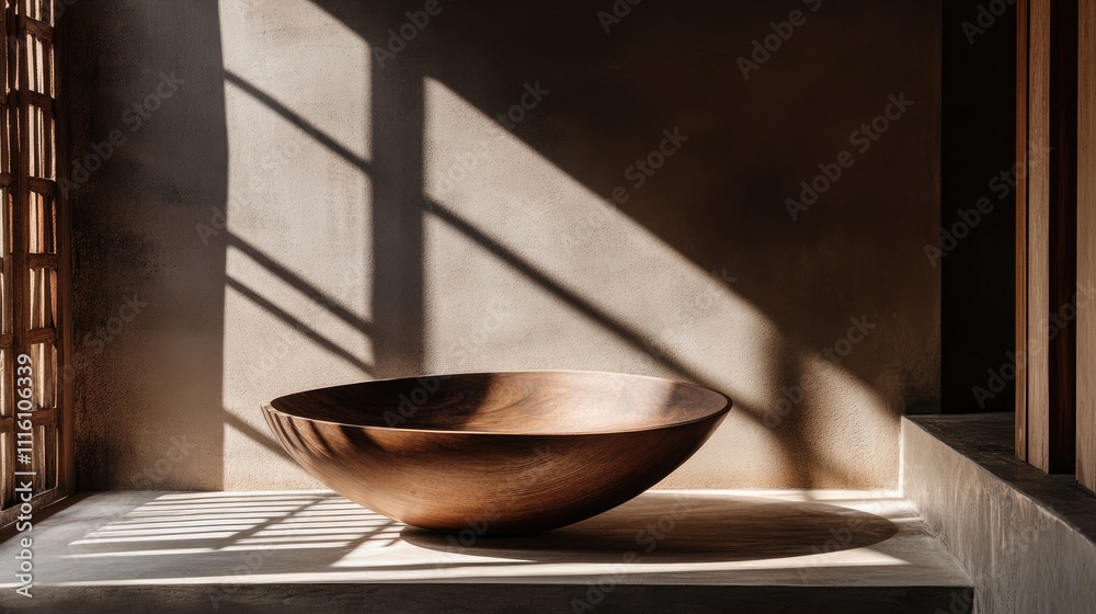 Poster elegant wooden bowl in minimalist interior with soft light and shadows creating a serene atmosphere 