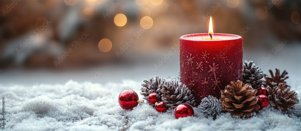 Aufkleber festive red candle surrounded by pine cones and ornaments on snow with a soft blurred background for