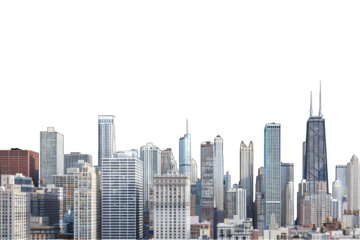 A skyline view featuring modern skyscrapers against a white background. transparent background