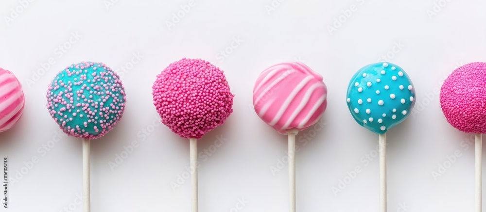 Poster colorful decorative lollipops in blue and pink arranged on a white background with space for text hi