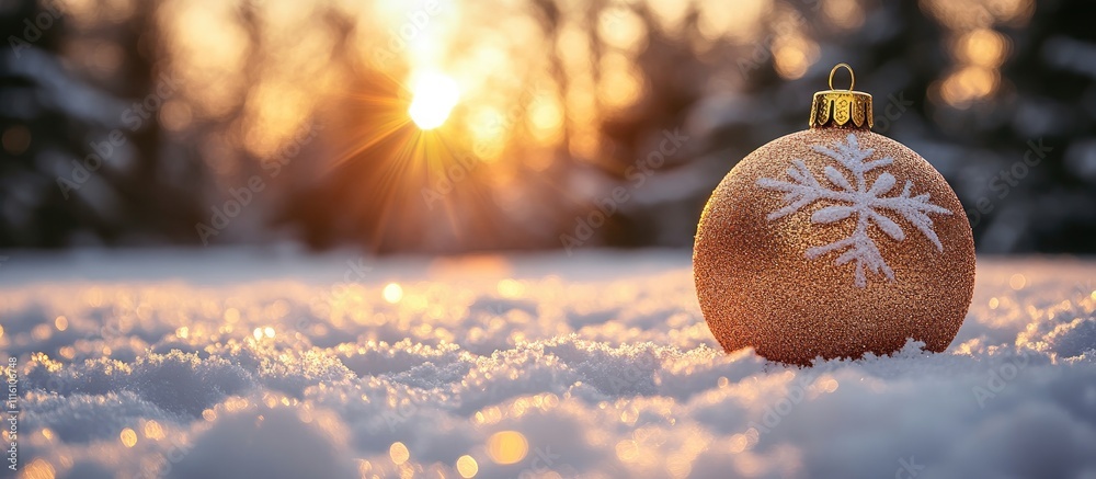 Poster golden christmas ornament resting on snow with a sunset backdrop creating a festive winter atmospher
