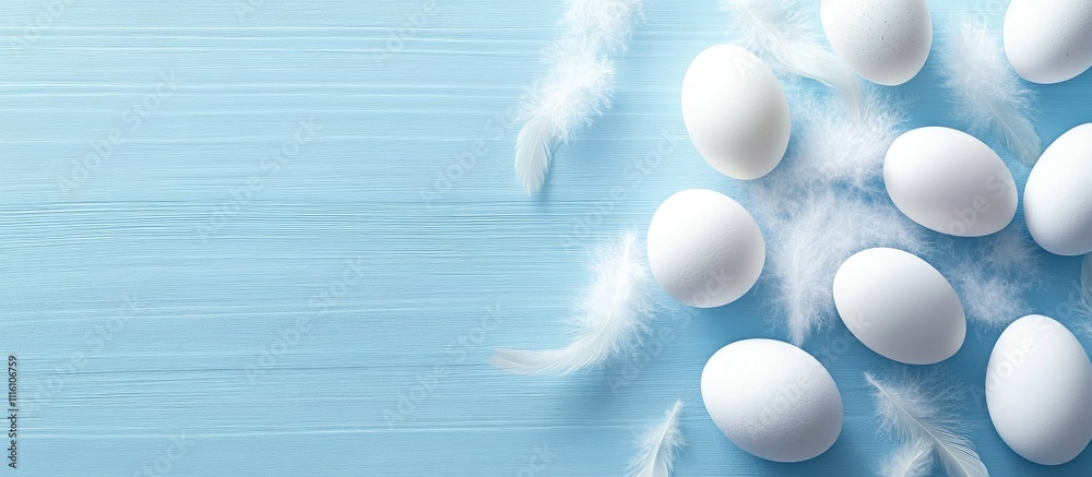 Poster easter eggs and soft feathers arranged on a blue wooden background with copy space for seasonal gree