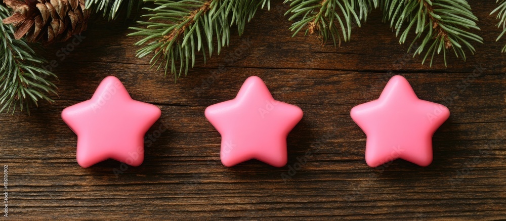 Poster pink star christmas decorations near pine branches on a rustic wooden background creating a festive 