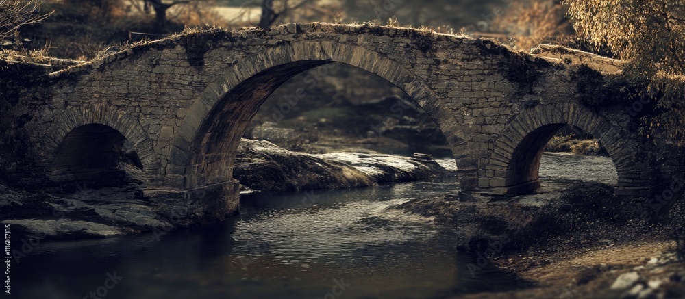 Poster rustic stone bridge arching over a tranquil river surrounded by autumn foliage and rocky terrain in 