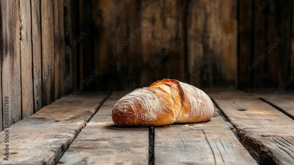 Poster Ciabatta bread resting on a rustic wooden table with a warm and inviting atmosphere