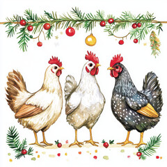 Fototapeta premium Charming set of three different chickens with festive decorations