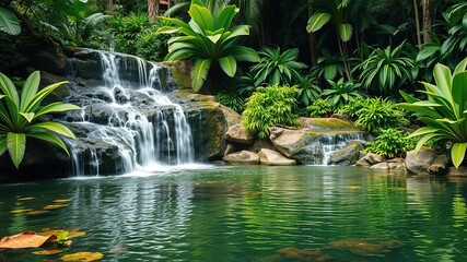 Waterfall and pond in lush tropical setting, tropical flowers, tree roots